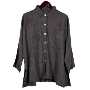 Carol Turner Collection CTC Oversized Button Up Top Size L Linen Brown Glencheck